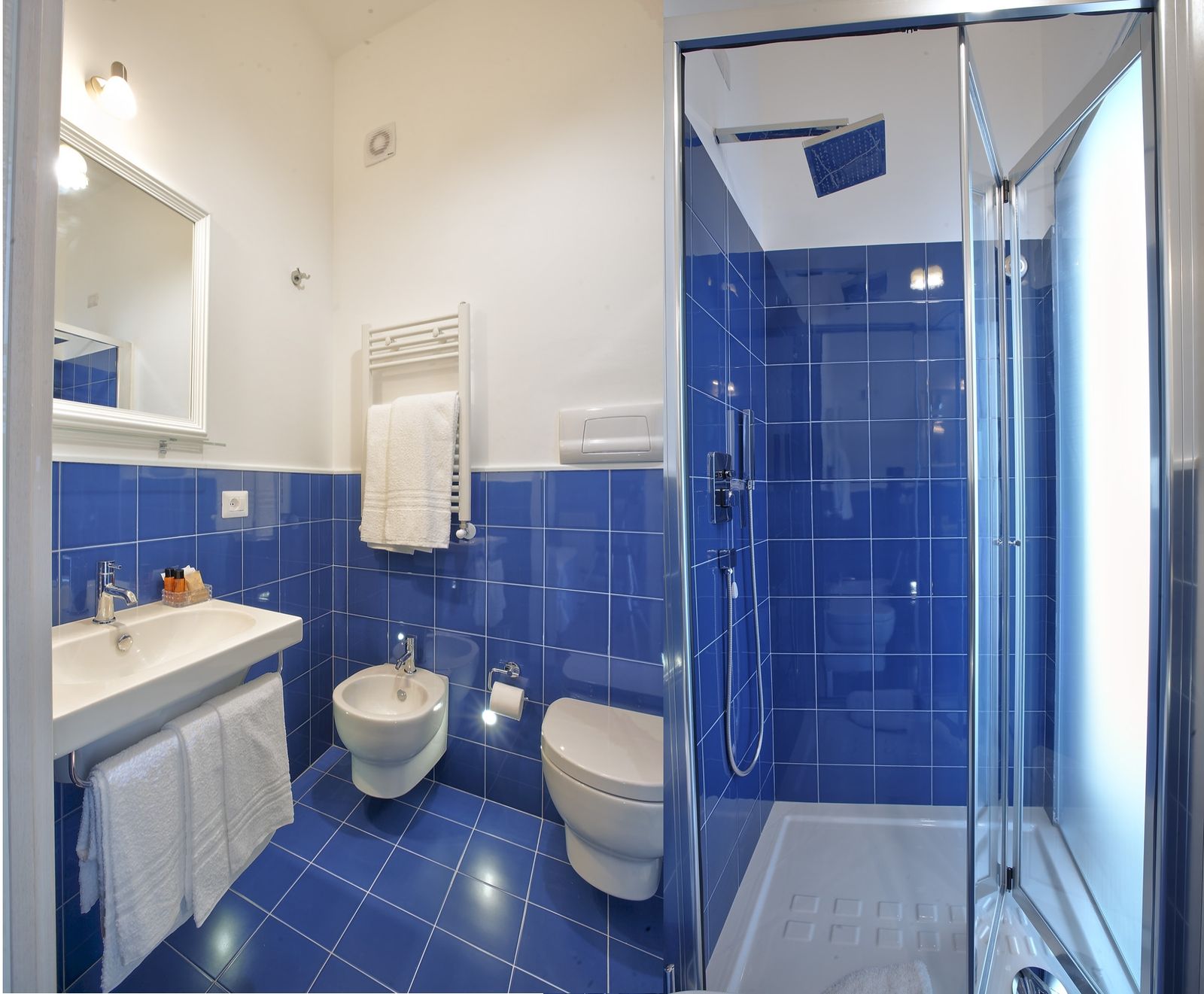 Blue-majolica bathroom with shower