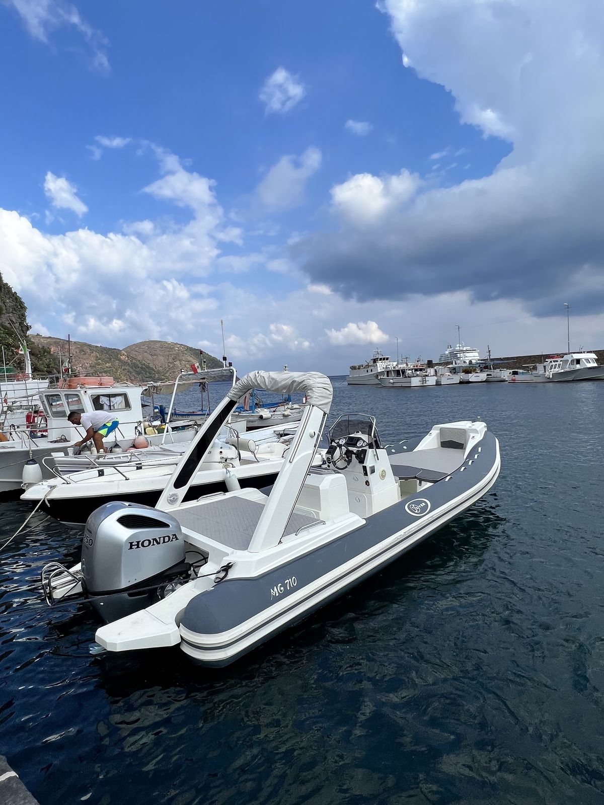 The Saver 710 RIB moored at the Marina di Capo d'Orlando